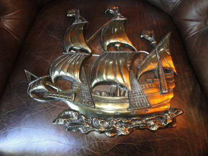 Brass Wall Plaque of Sailing Ship 15 " across by 13.25" H