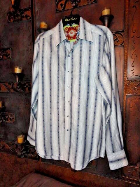 Robert Graham White Blue Embroidered Dot Stripe Shirt — Medium
