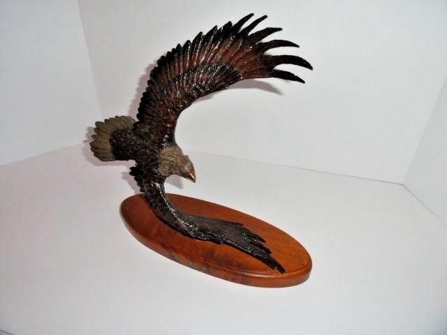 American Eagle Bronze Sculpture  Wooden Base