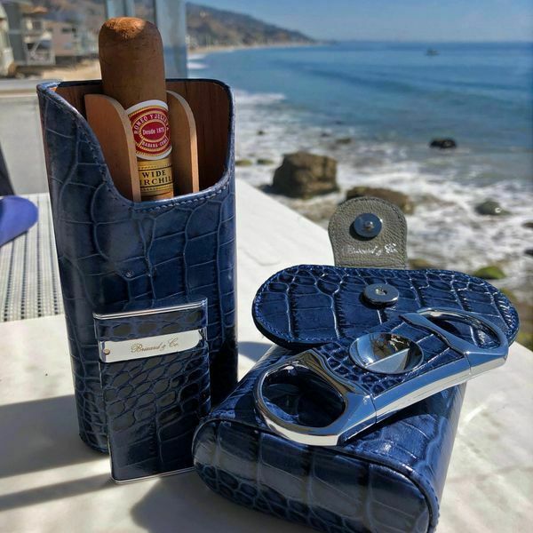 Brizard and Co - The "Show Band" 3 Cigar Case , cutter & Lighter- Indigo Croco