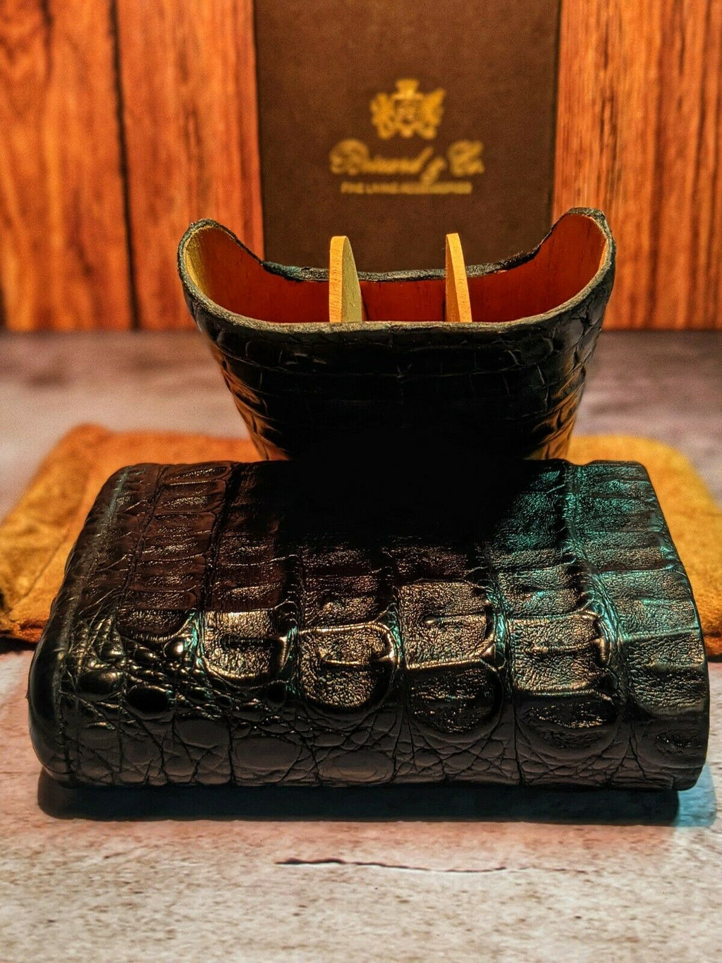 Brizard & Co. | The "Show Band" 3 Cigar Case - Black Caiman Crocodile