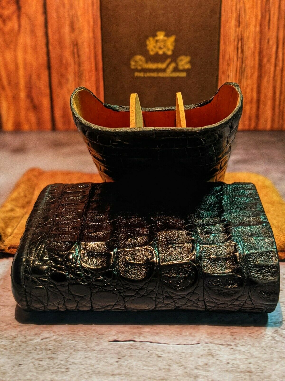 Brizard & Co. | The "Show Band" 3 Cigar Case - Black Caiman Crocodile