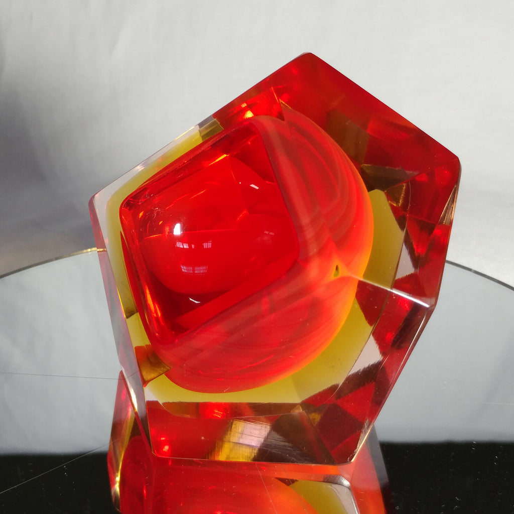 Sommerso Murano | Flavio Poli Yellow & Red Faceted Glass Ashtray | Italy 1950s