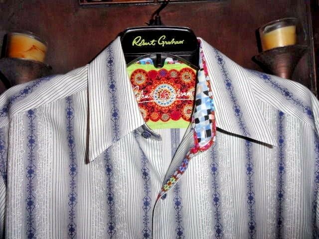 Robert Graham White Blue Embroidered Dot Stripe Shirt — Medium