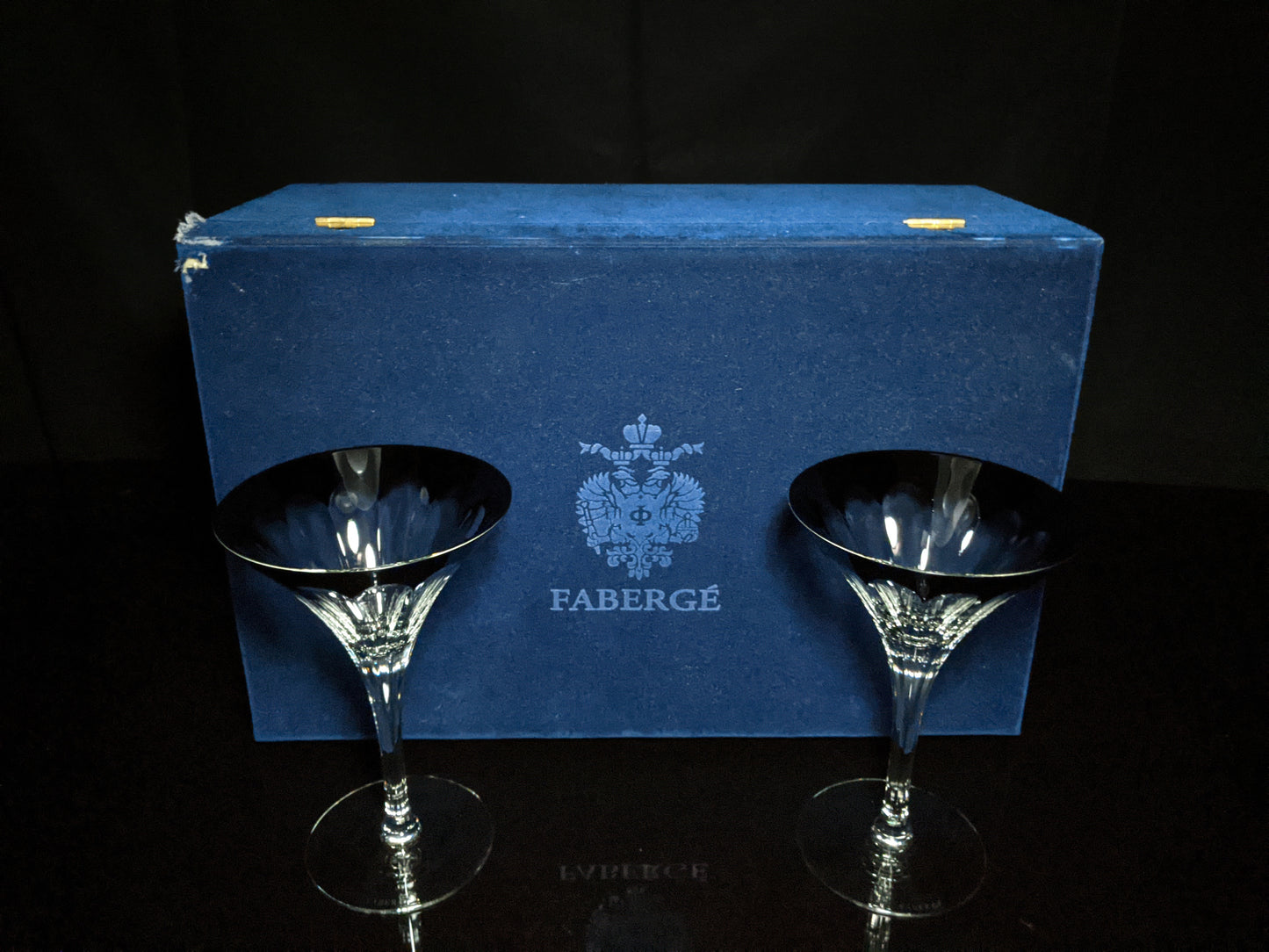 Faberge Martini Black Crystal Glasses set of 2 with the  original Faberge presentation case