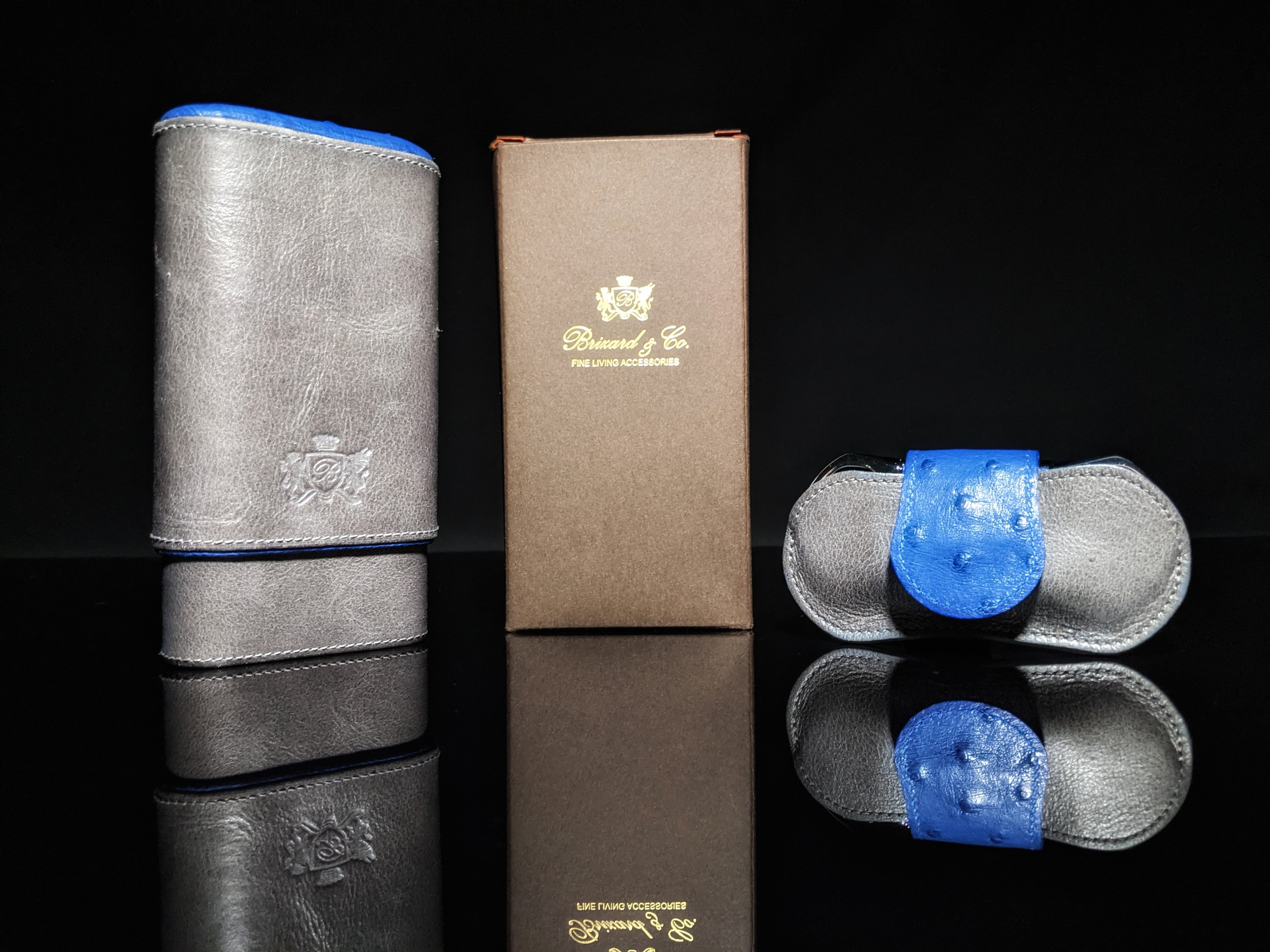 Brizard and Co. Blue Ostrich and Gray Leather Cigar Case and V-Cutter