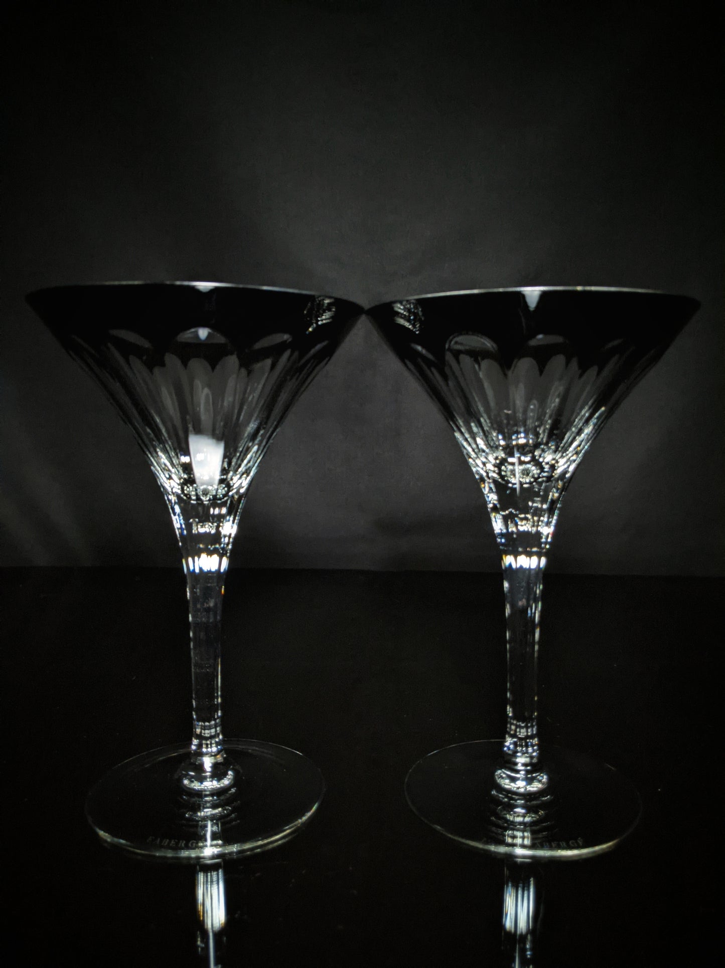 Faberge Martini Black Crystal Glasses set of 2 with the  original Faberge presentation case