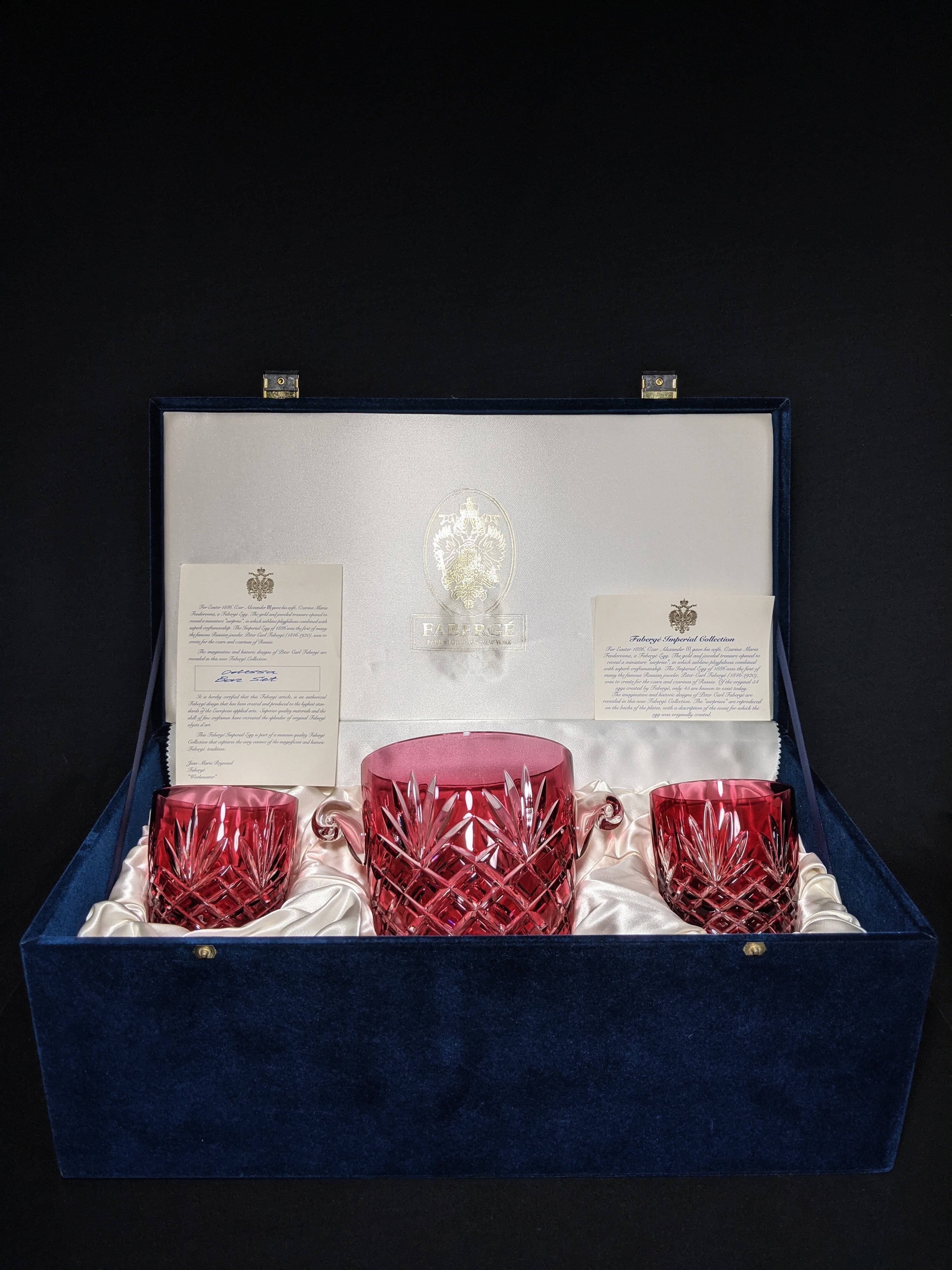 Faberge Odessa  Red Crystal Ice Bucket and Highball Glasses