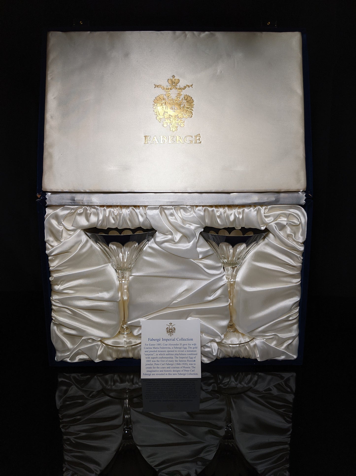 Faberge Martini Black Crystal Glasses set of 2 with the  original Faberge presentation case