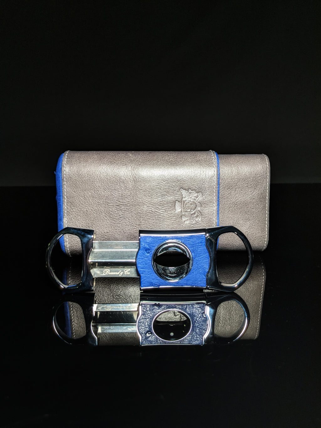 Brizard and Co. Blue Ostrich and Gray Leather Cigar Case and V-Cutter