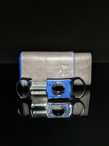 Brizard and Co. Blue Ostrich and Gray Leather Cigar Case and V-Cutter
