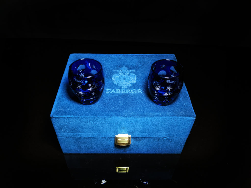 Faberge Galaxy Cobalt Blue Crystal Shot Glasses  Set of 2 NIB