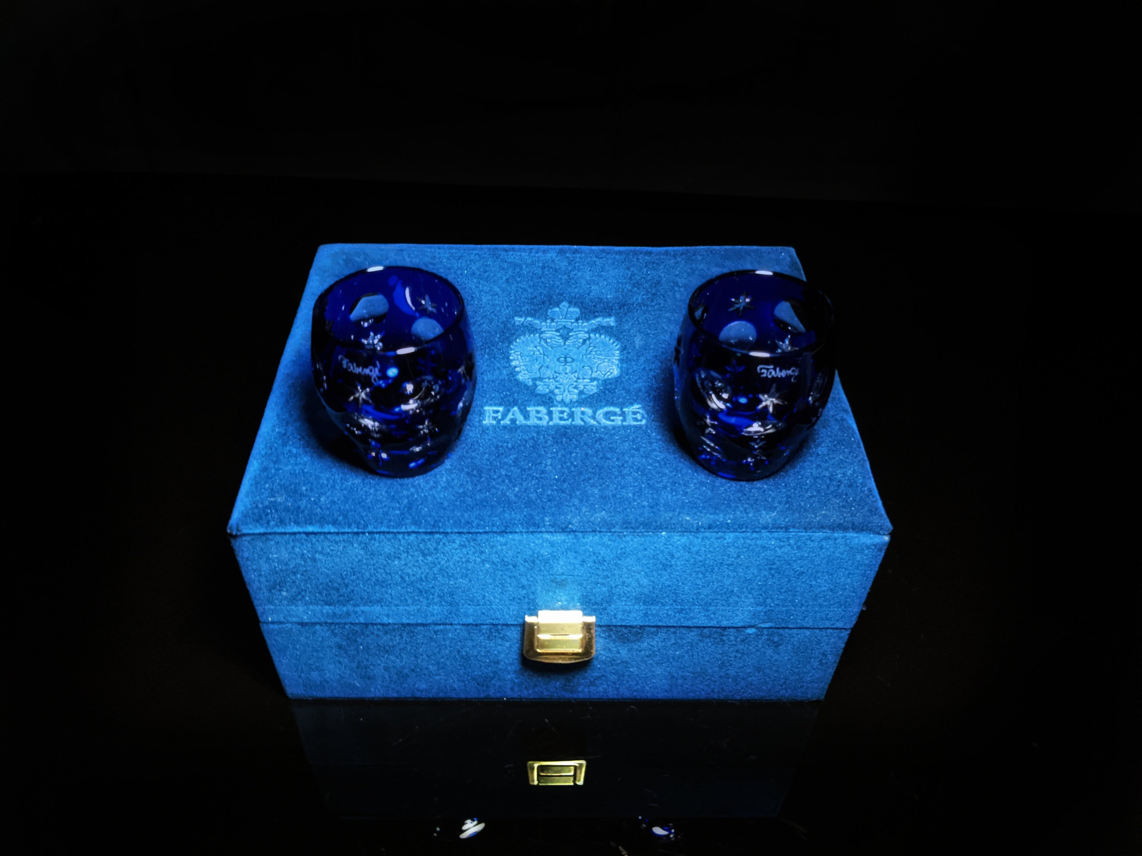 Faberge Galaxy Cobalt Blue Crystal Shot Glasses  Set of 2 NIB
