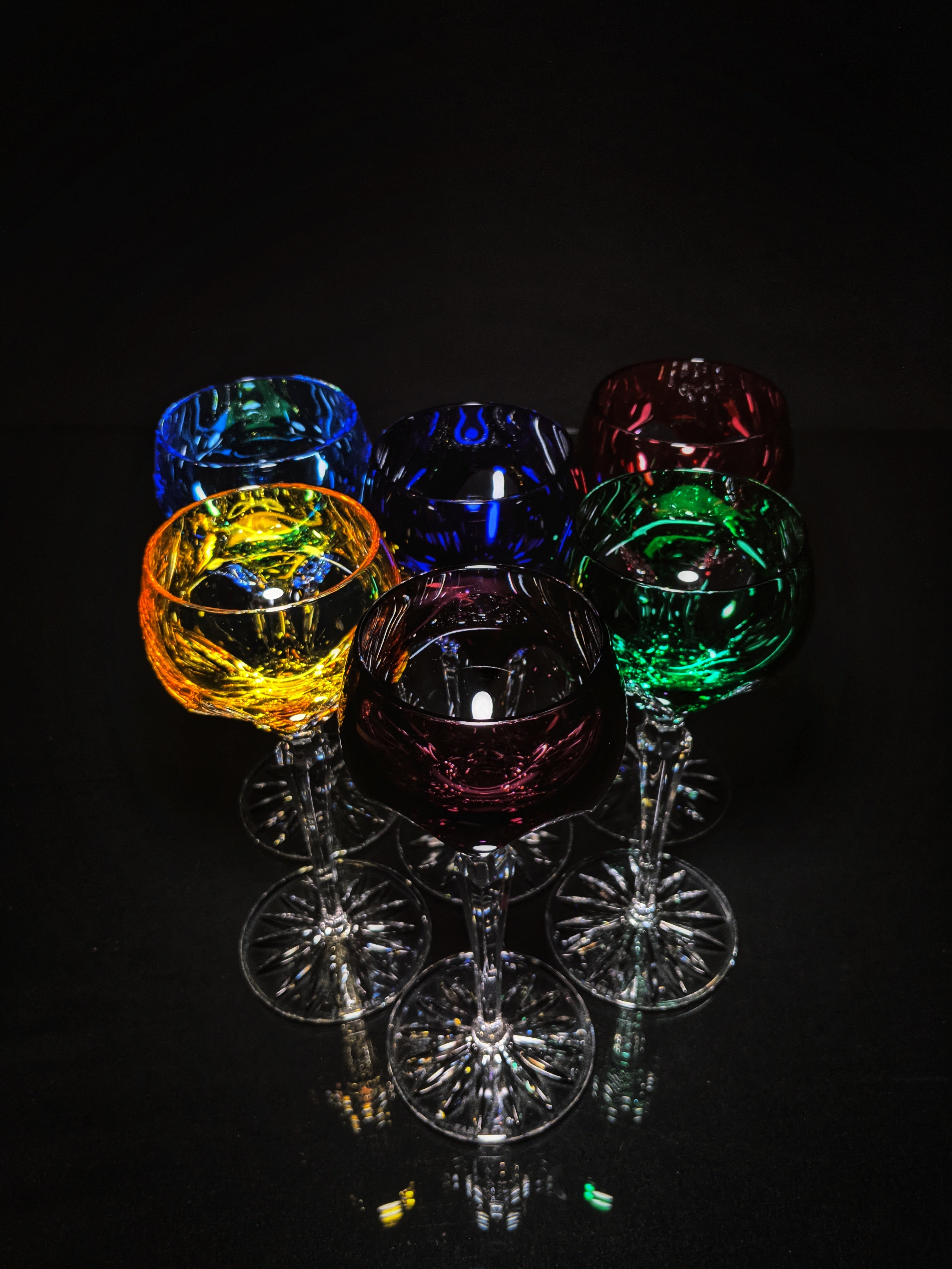 Faberge Colored Crystal Lausanne Hock Glasses. 8 1/2" H x 3 1/4" W