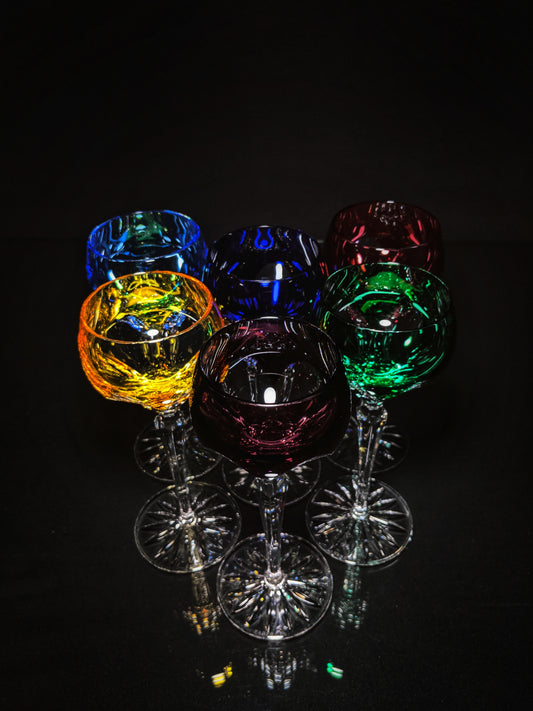 Faberge Colored Crystal Lausanne Hock Glasses. 8 1/2" H x 3 1/4" W