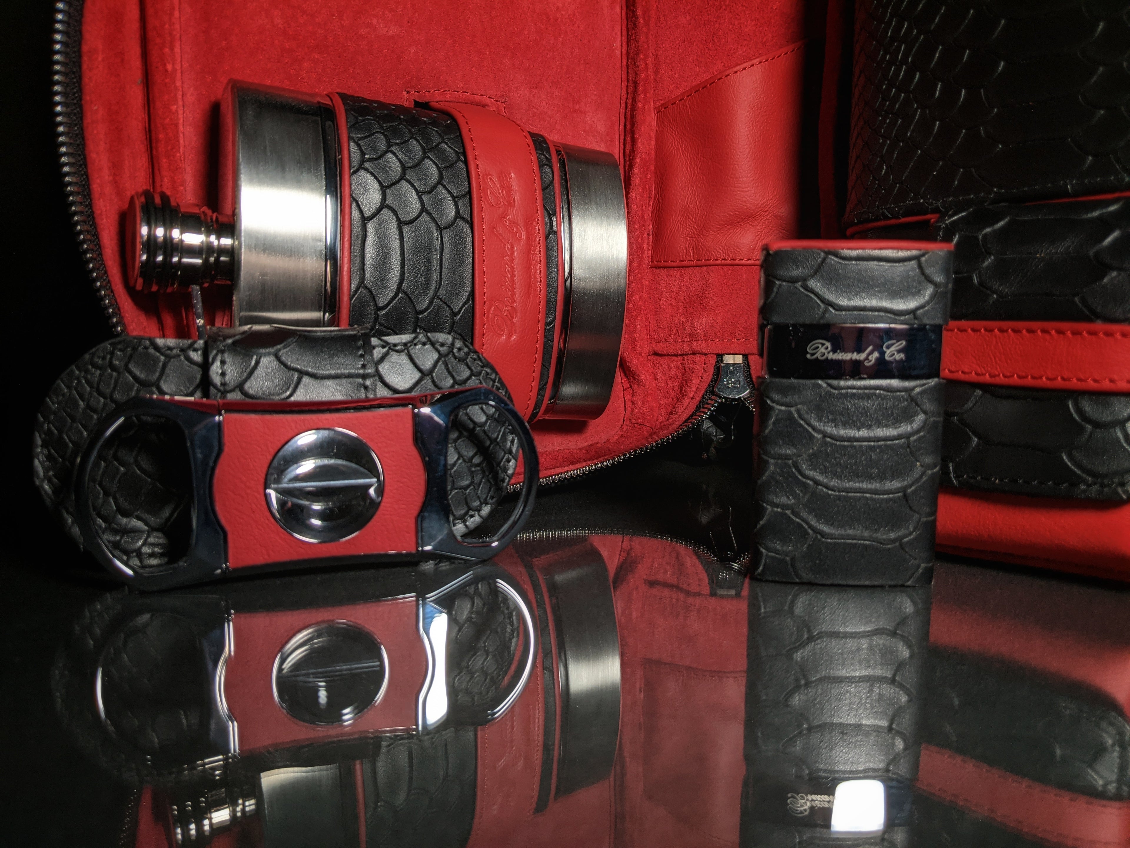 Brizard and Co Havana Traveler in Black Python Pattern and Red Leather Combo