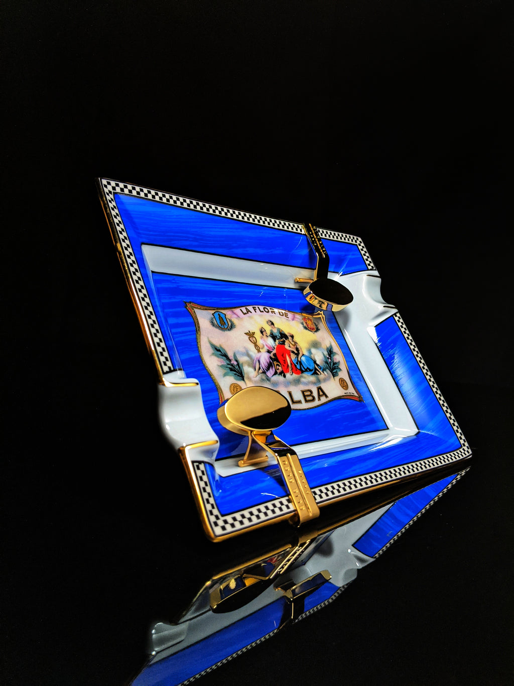 Elie Bleu Alba Porcelain Blue Ashtray with Gold Plated Rests NIB