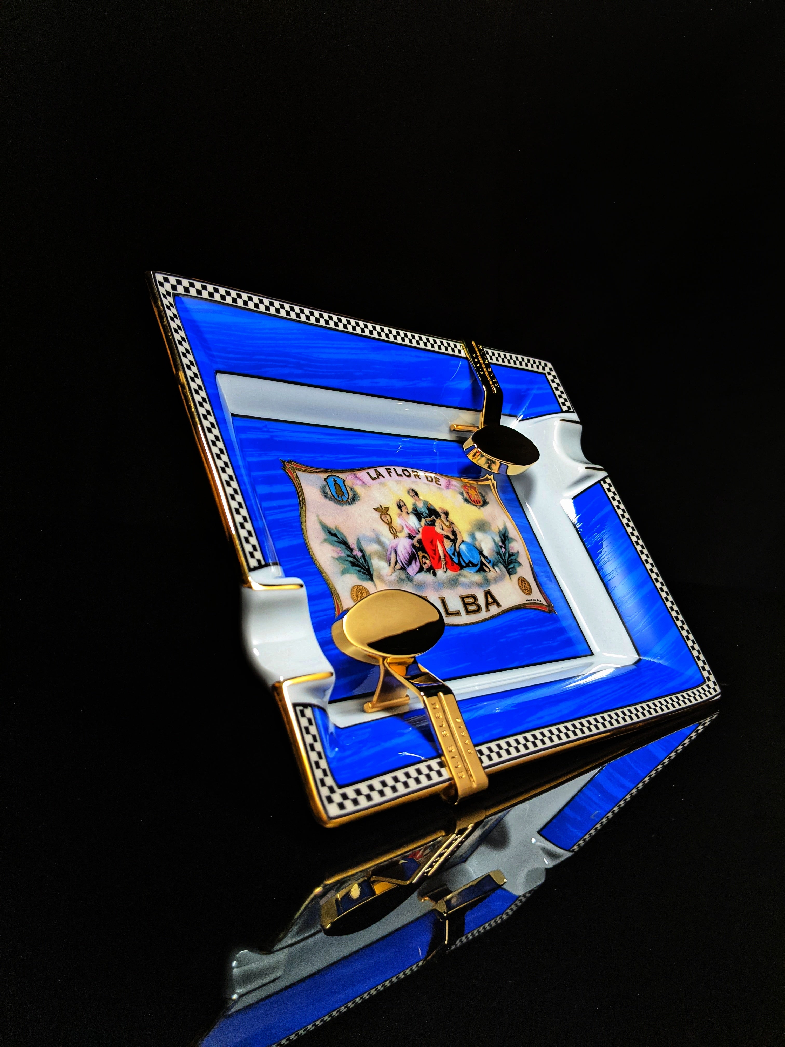 Elie Bleu Alba Porcelain Blue Ashtray with Gold Plated Rests NIB