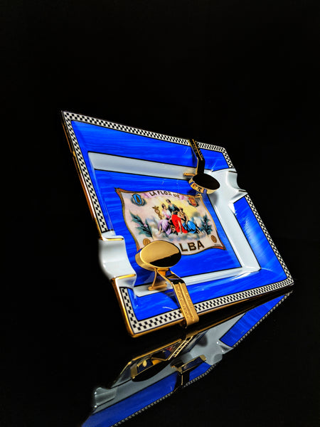 Elie Bleu Alba Porcelain Blue Ashtray with Gold Plated Rests NIB