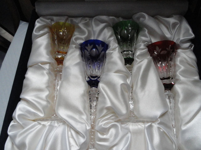Faberge Palais Royal Colored Crystal Cordial Glasses Signed by Tatiana Faberge set of 4 NIB