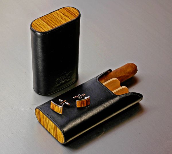 Brizard and Co. The "Show Band" 3 Cigar Case - Sunrise Black and Zebrawood (Flat Top)