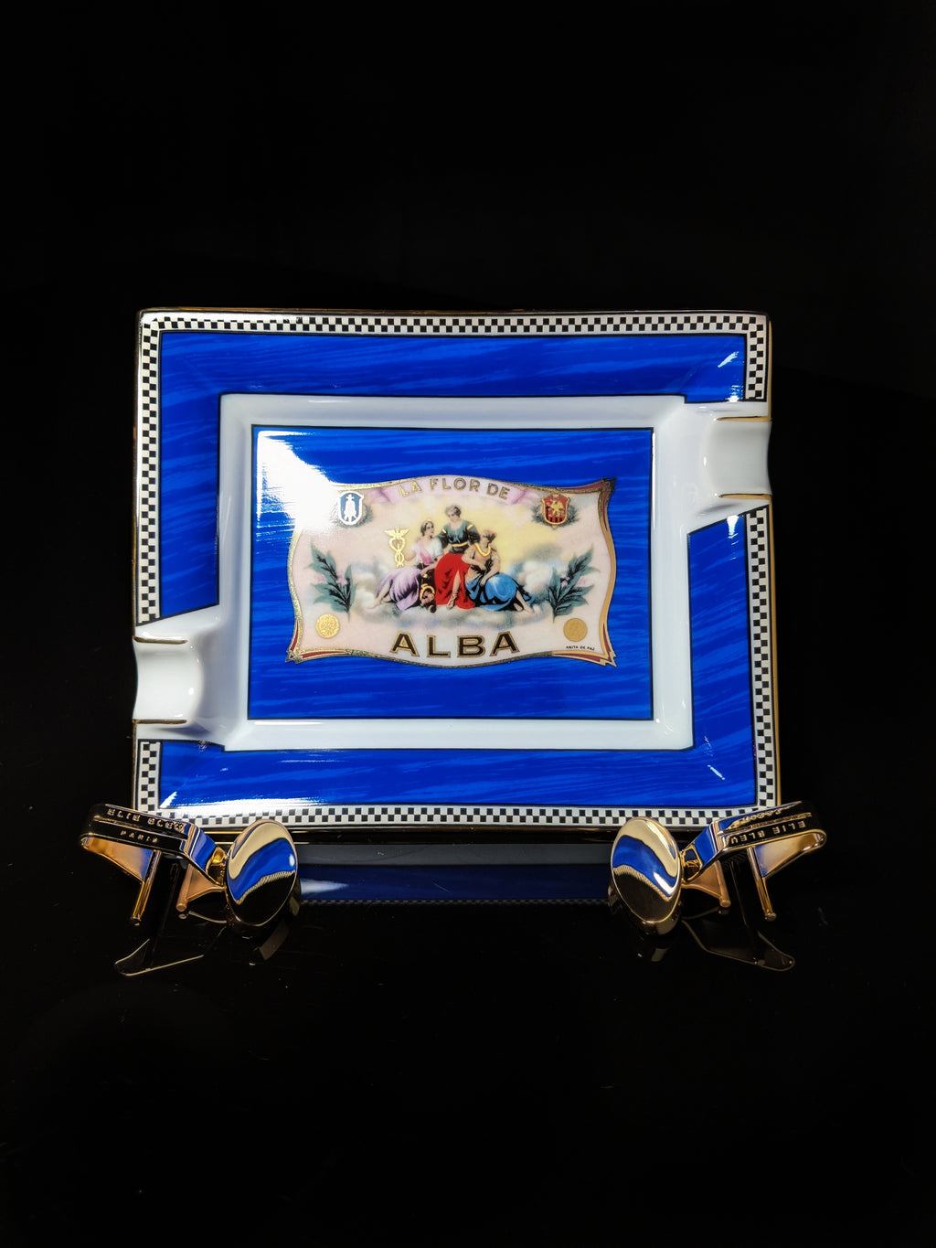 Elie Bleu Alba Porcelain Blue Ashtray with Gold Plated Rests NIB