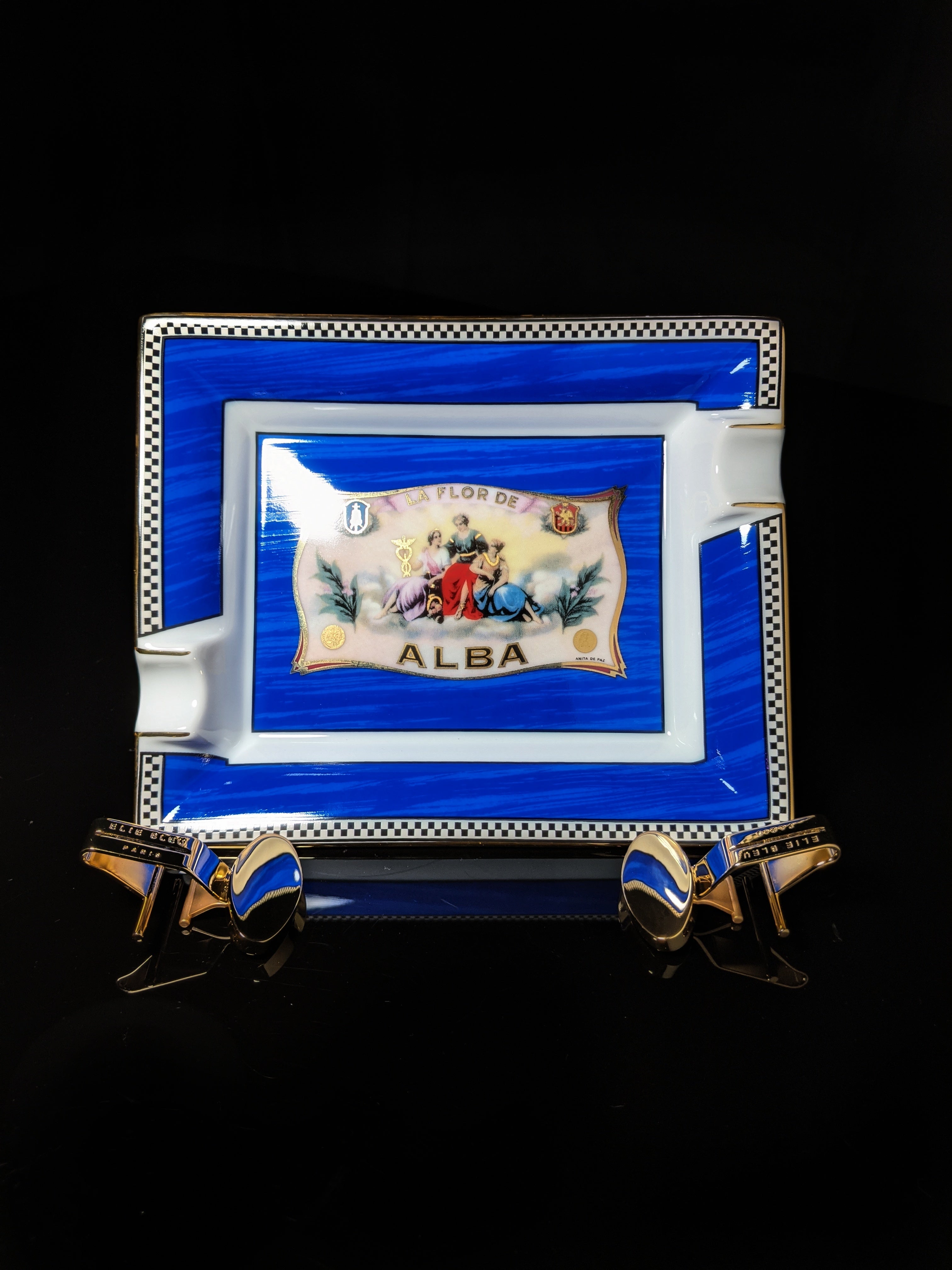 Elie Bleu Alba Porcelain Blue Ashtray with Gold Plated Rests NIB