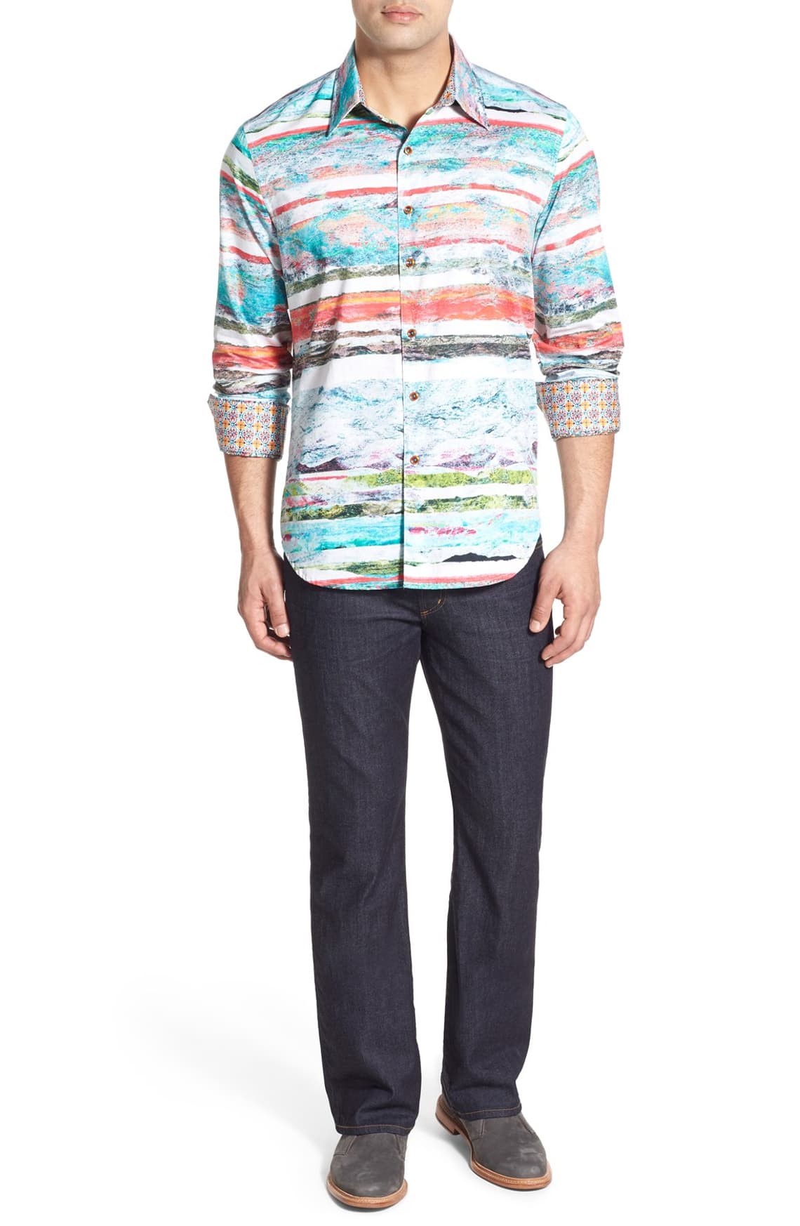 Robert Graham Bedouin Watercolor Landscape Stripe Shirt — Medium