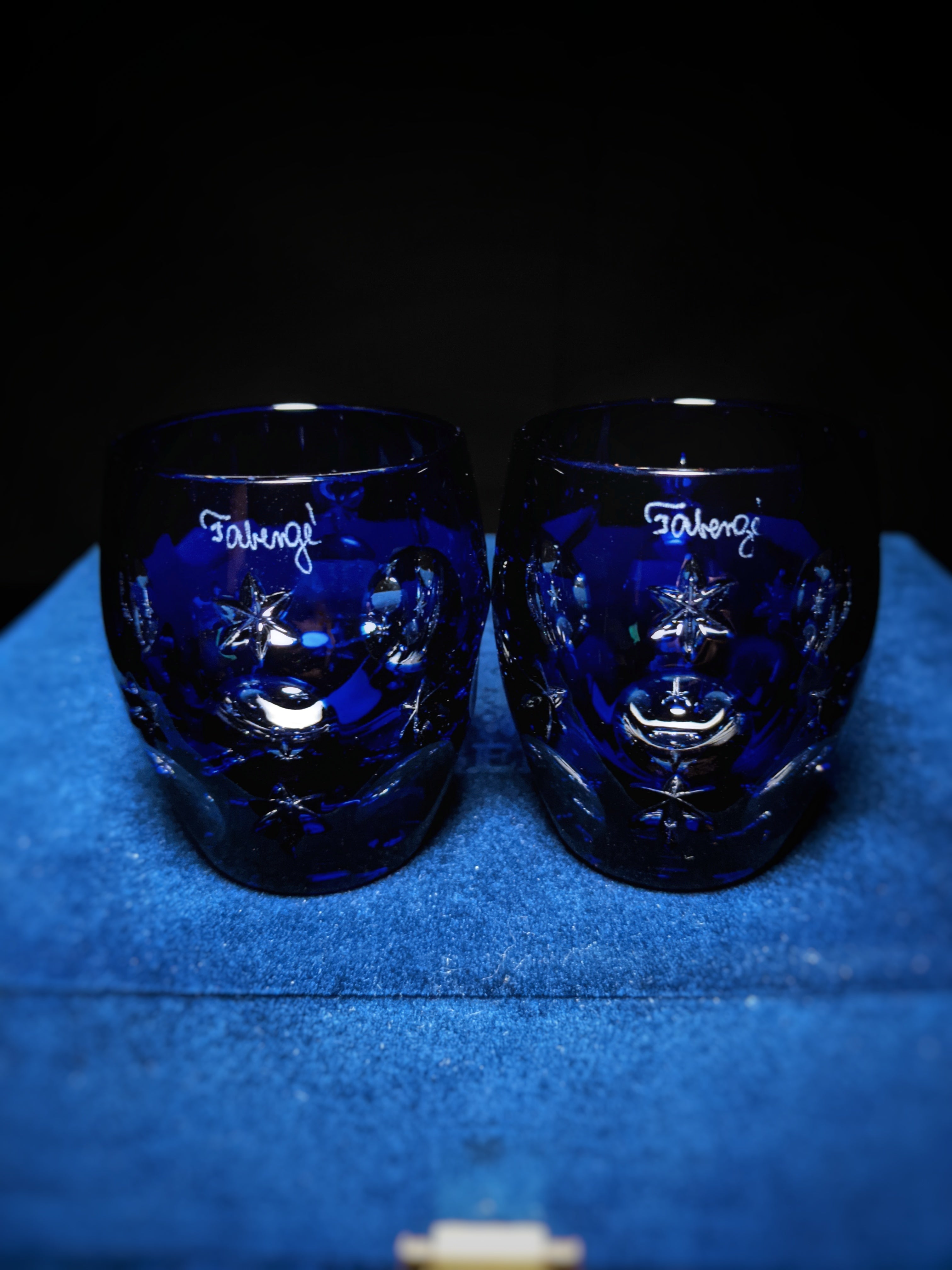 Faberge Galaxy Cobalt Blue Crystal Shot Glasses  Set of 2 NIB