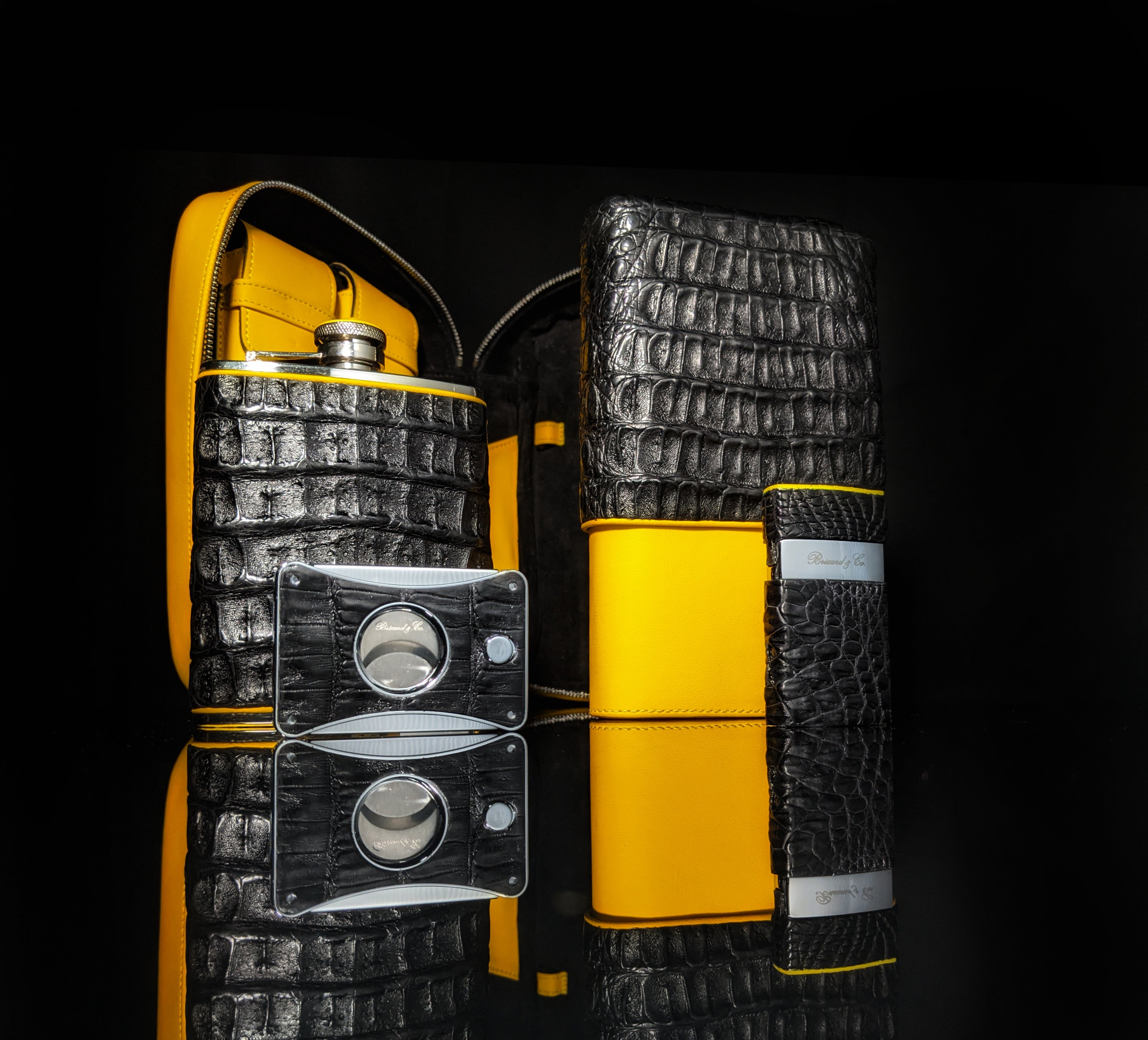 Brizard and Co Geniune Black Caiman Alligator and yellow leather with cutter and lighter