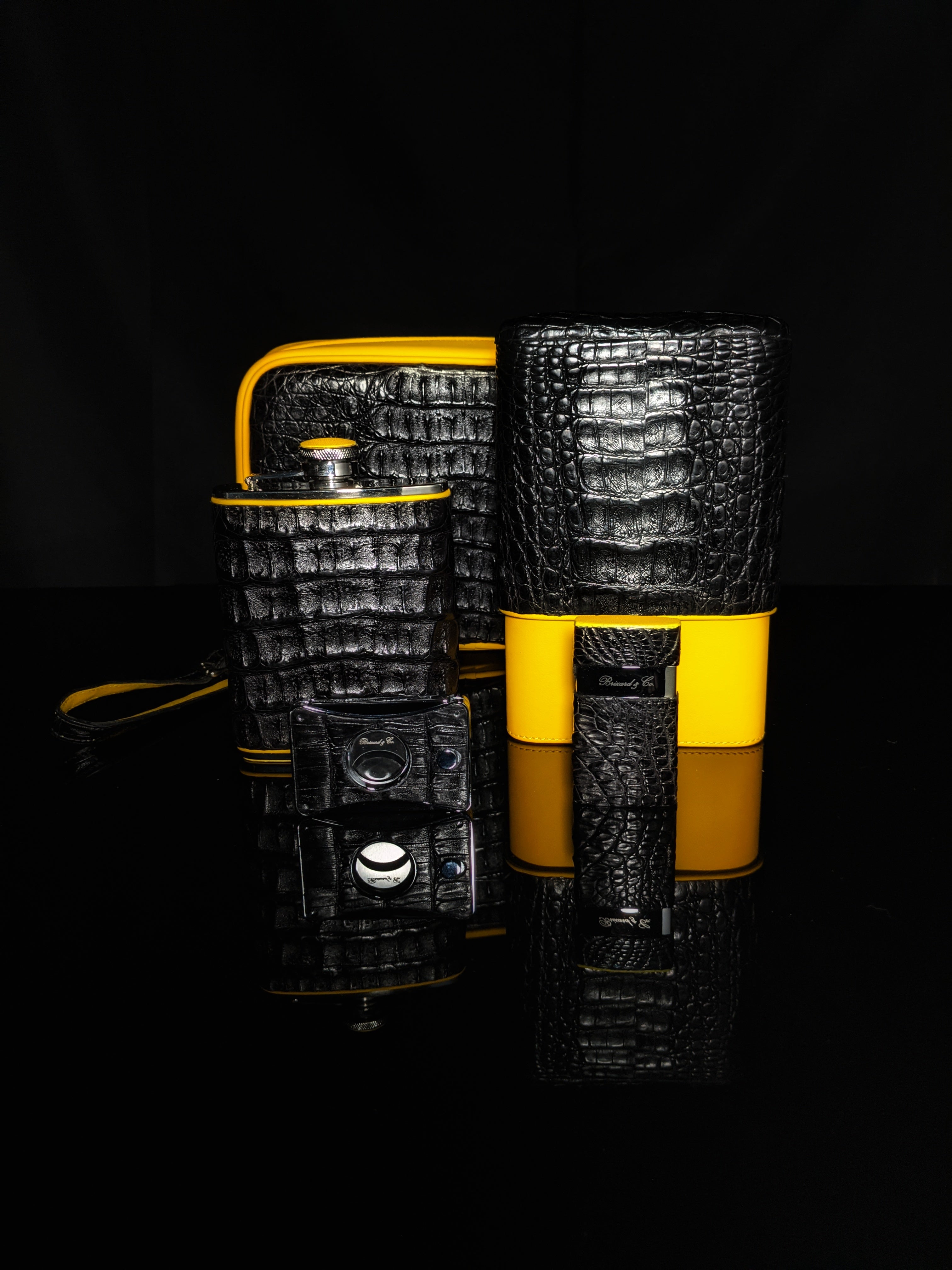 Brizard and Co. Havana Traveler — Genuine Black Caiman Alligator & Yellow Leather with Cutter & Lighter