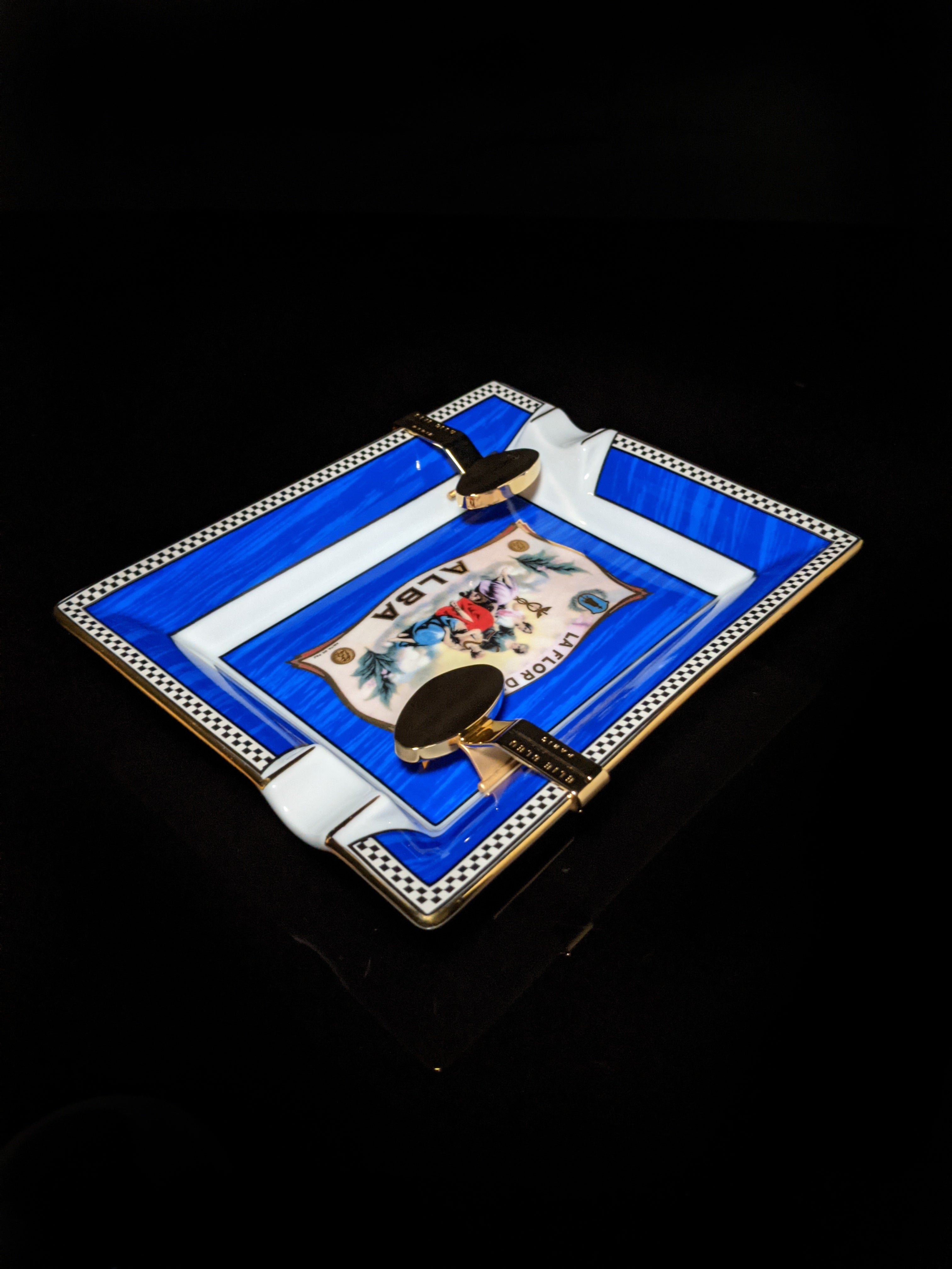 Elie Bleu Alba Porcelain Blue Ashtray with Gold Plated Rests NIB