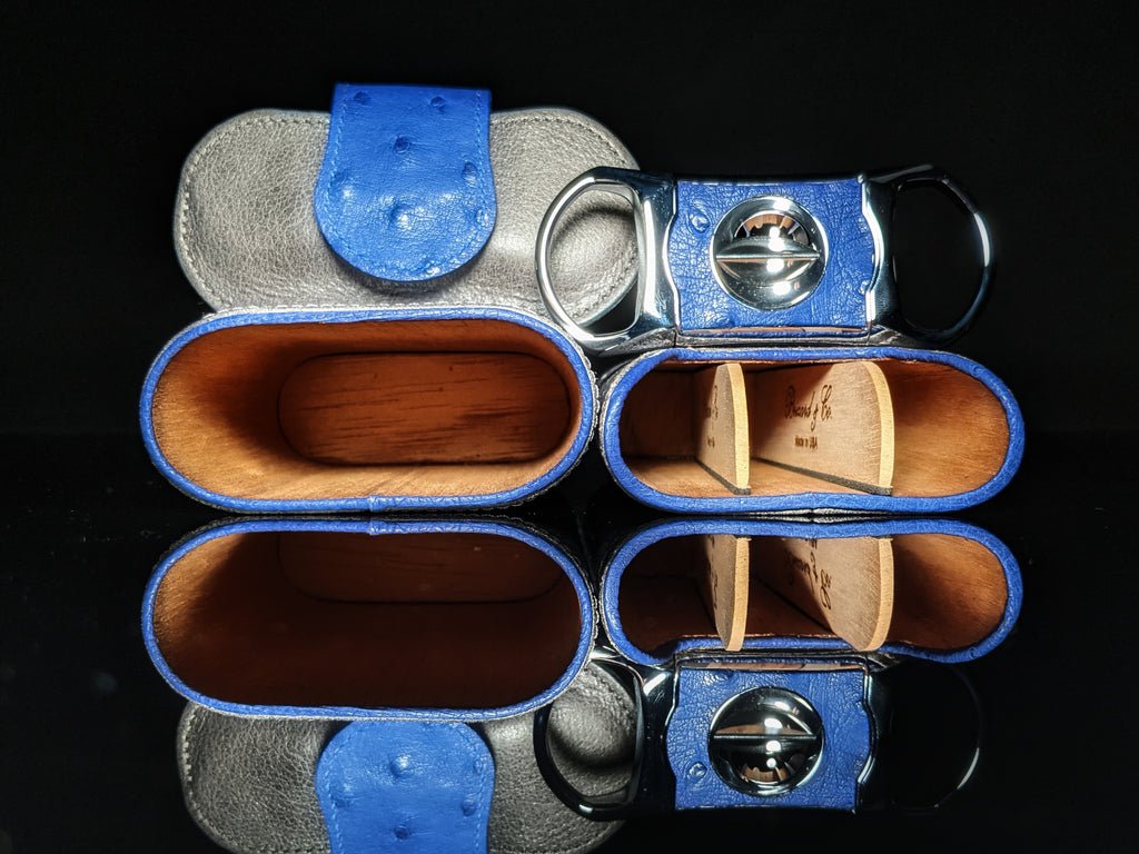 Brizard and Co. Blue Ostrich and Gray Leather Cigar Case and V-Cutter
