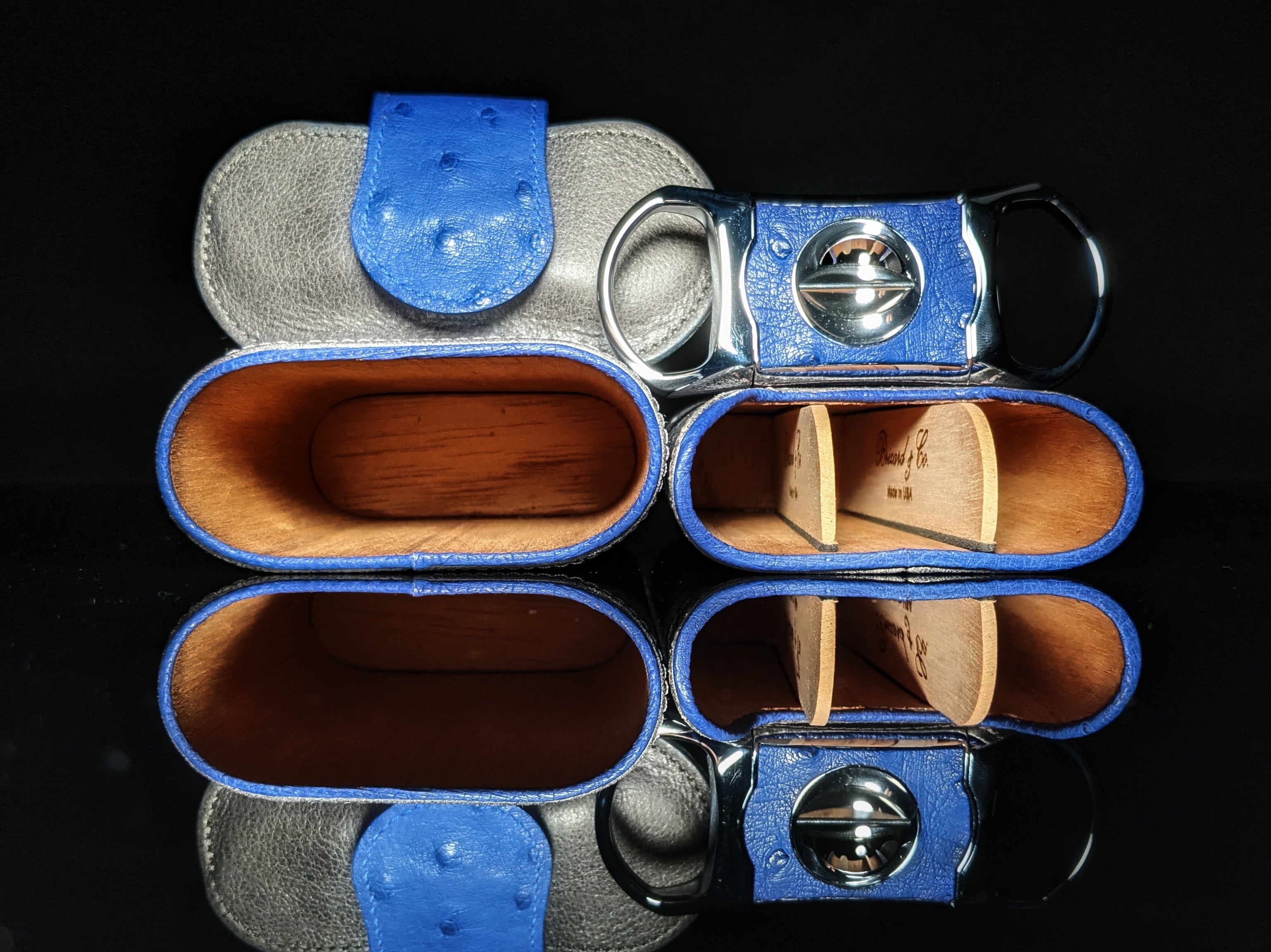 Brizard and Co. Blue Ostrich and Gray Leather Cigar Case and V-Cutter