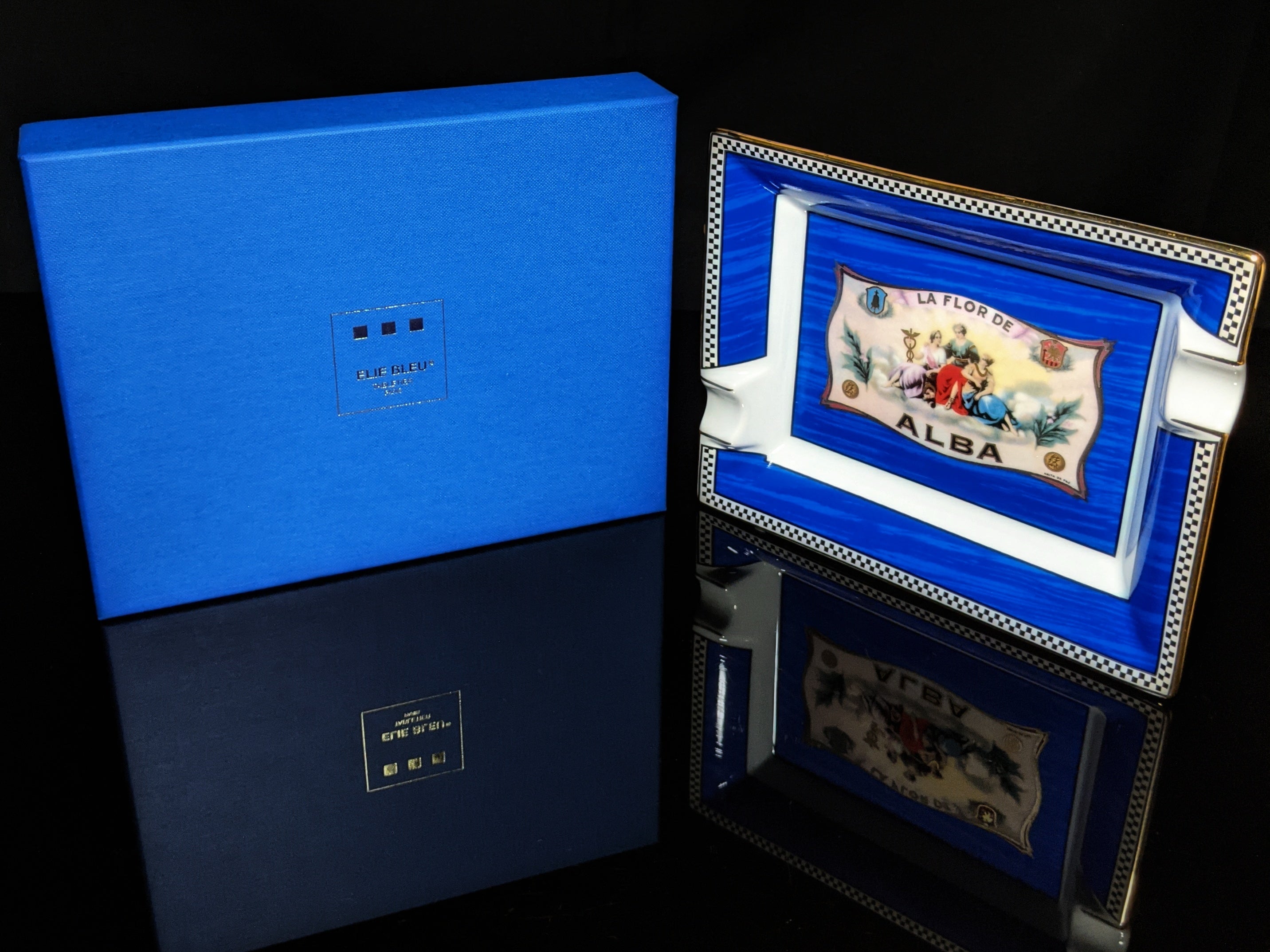 Elie Bleu Alba Porcelain Blue Ashtray with Gold Plated Rests NIB