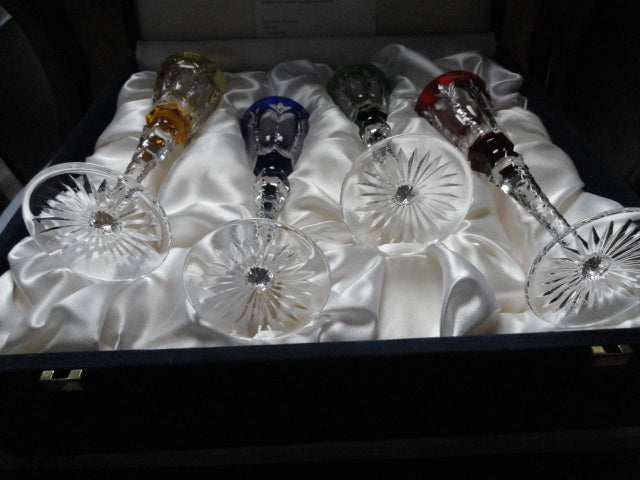 Faberge Palais Royal Colored Crystal Cordial Glasses Signed by Tatiana Faberge set of 4 NIB