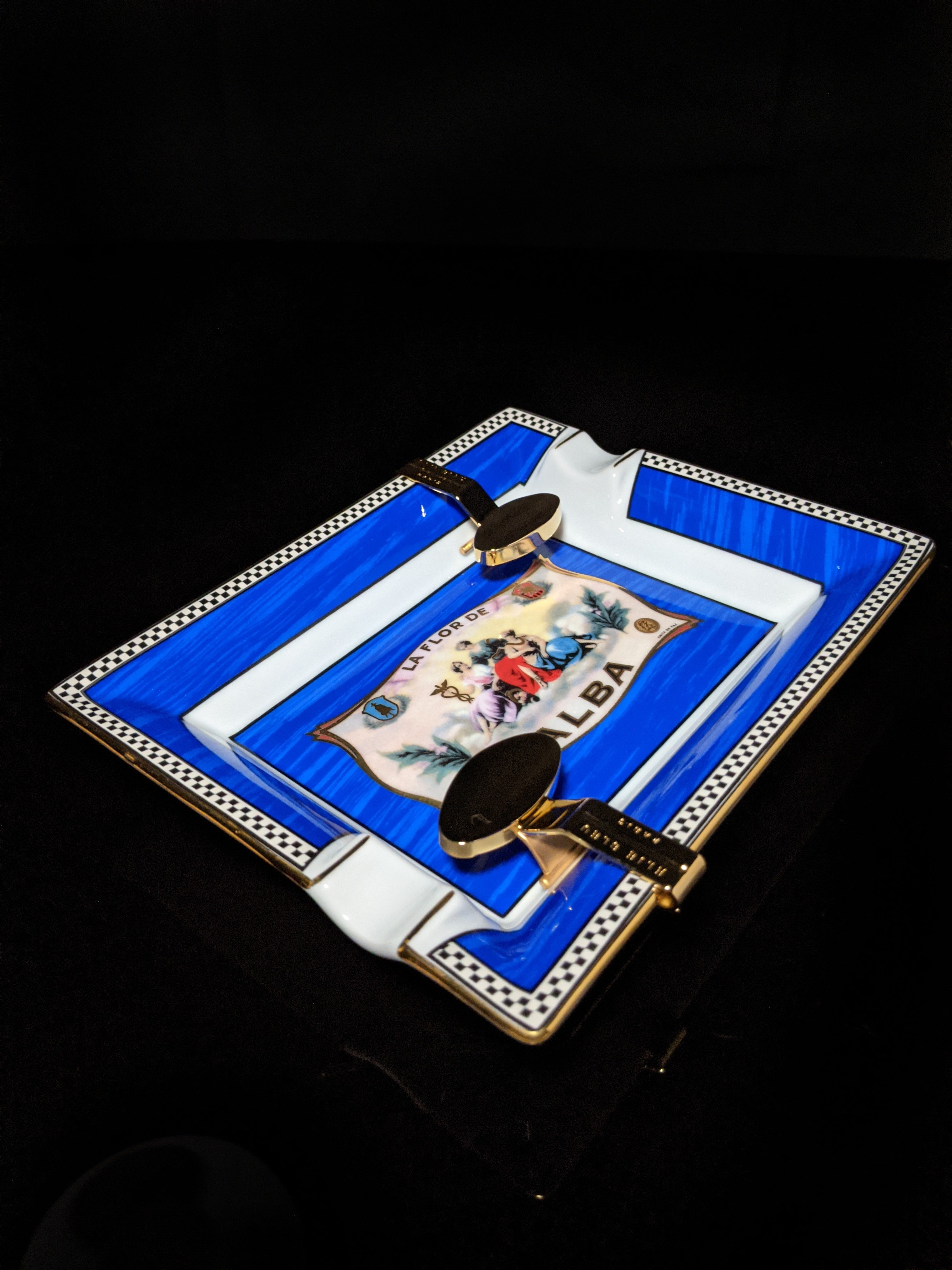 Elie Bleu Alba Porcelain Blue Ashtray with Gold Plated Rests NIB