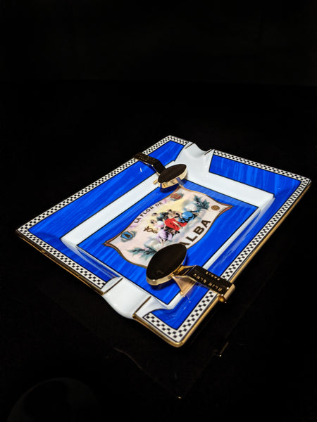 Elie Bleu Alba Porcelain Blue Ashtray with Gold Plated Rests NIB