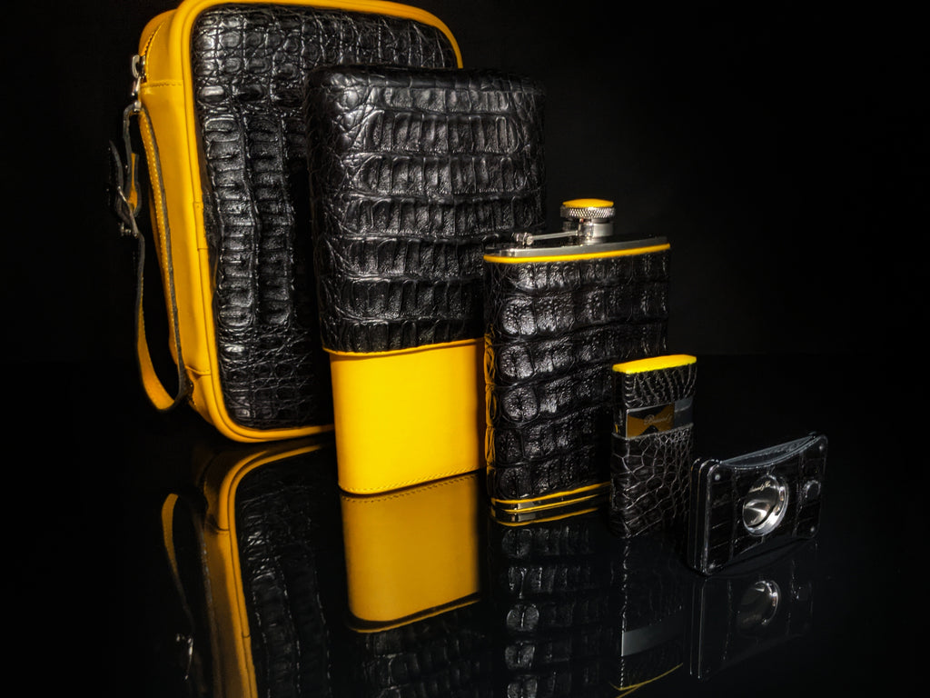 Brizard and Co. Havana Traveler — Genuine Black Caiman Alligator & Yellow Leather with Cutter & Lighter