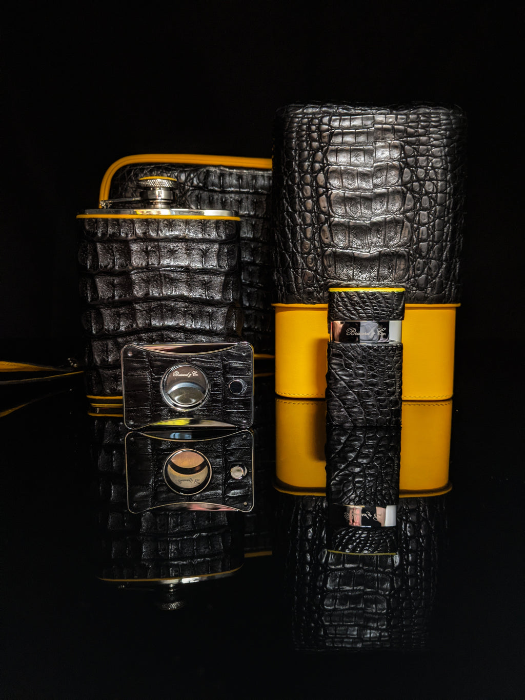 Brizard and Co. Havana Traveler — Genuine Black Caiman Alligator & Yellow Leather with Cutter & Lighter