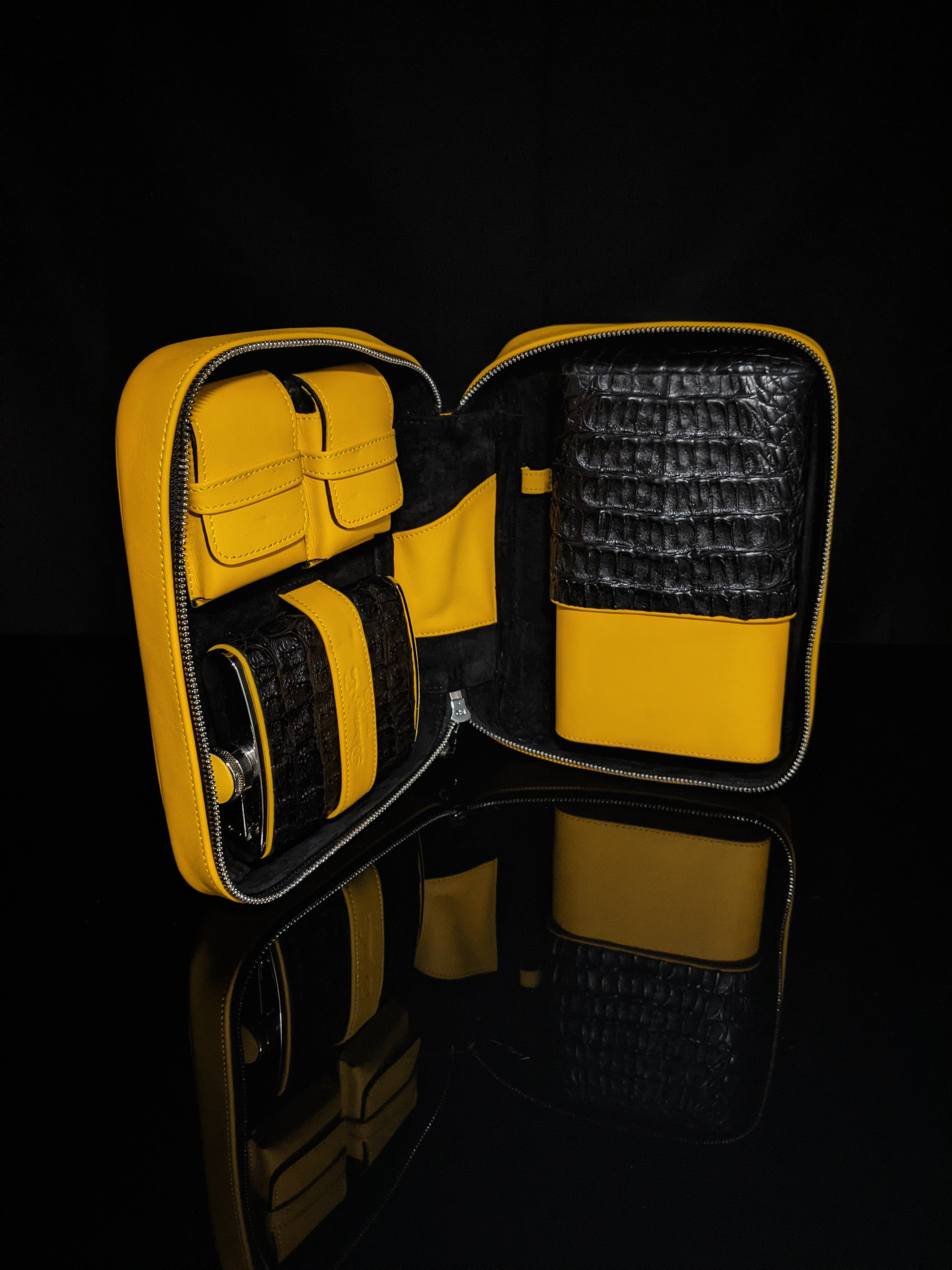 Brizard and Co Geniune Black Caiman Alligator and yellow leather with cutter and lighter