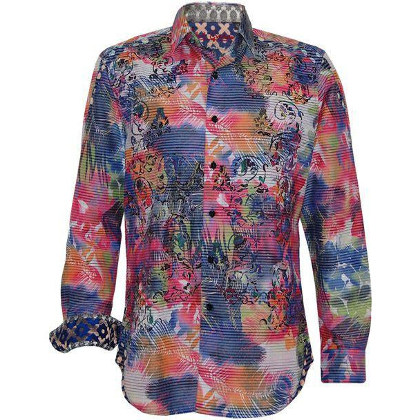 Robert Graham Tropical Floral Stripe Print Shirt — Medium