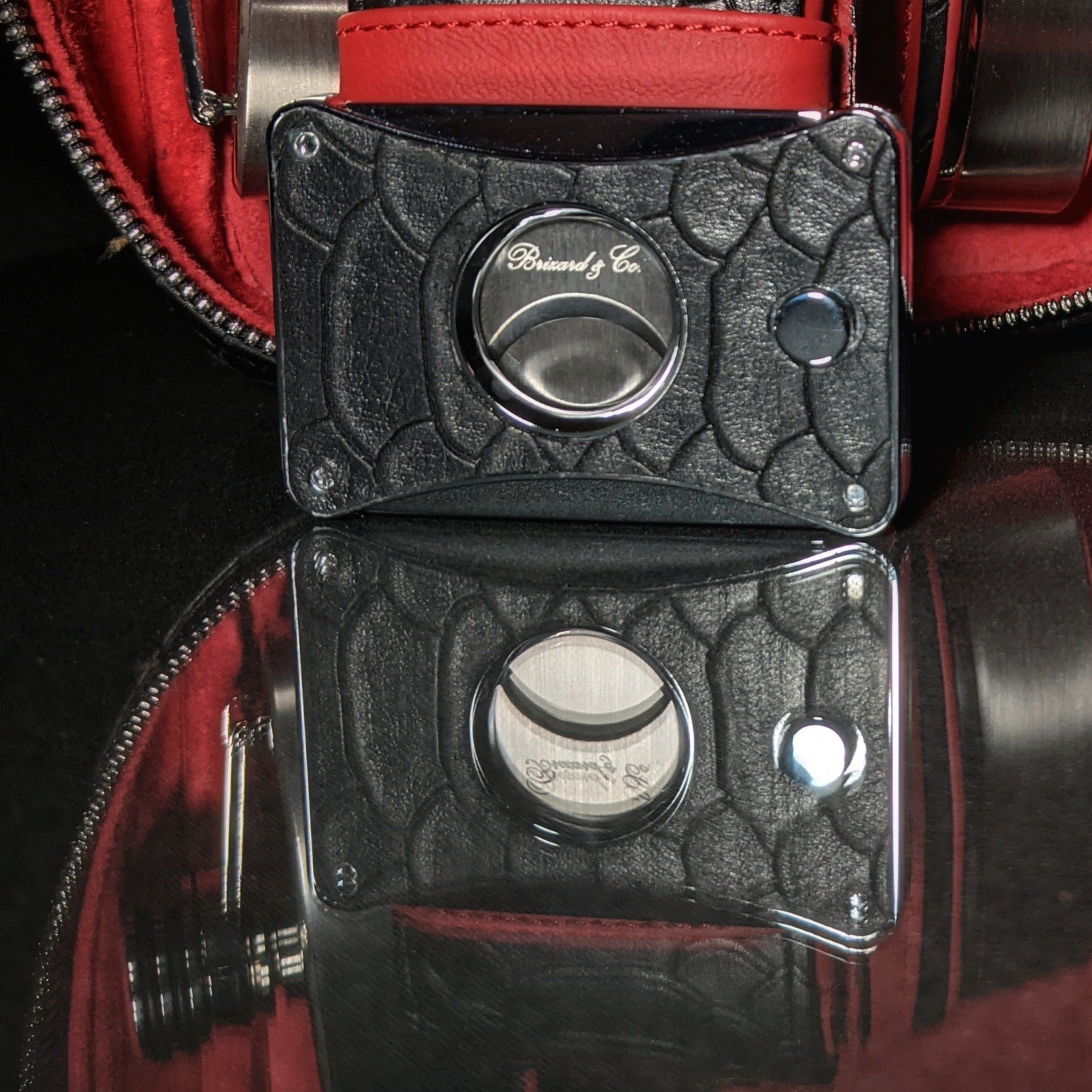 Brizard and Co Havana Traveler in Black Python Pattern and Red Leather with cutter