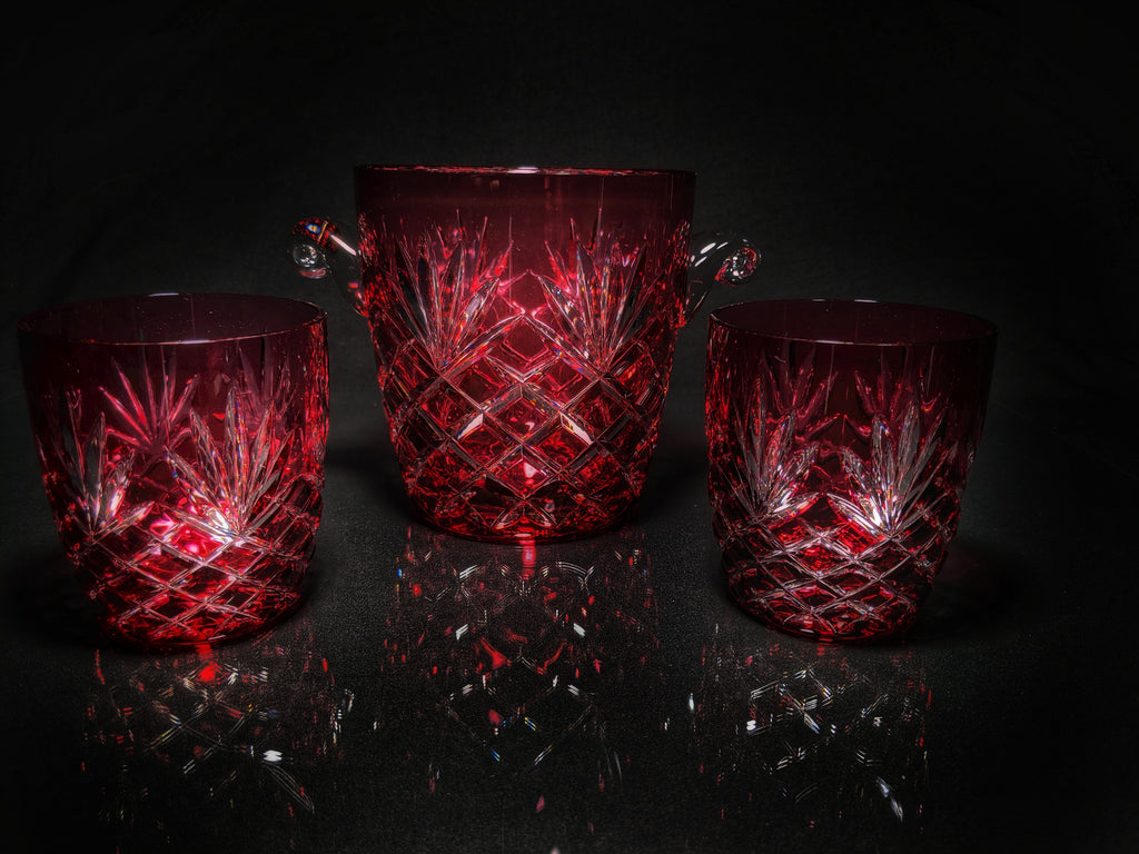 Faberge Odessa  Red Crystal Ice Bucket and Highball Glasses