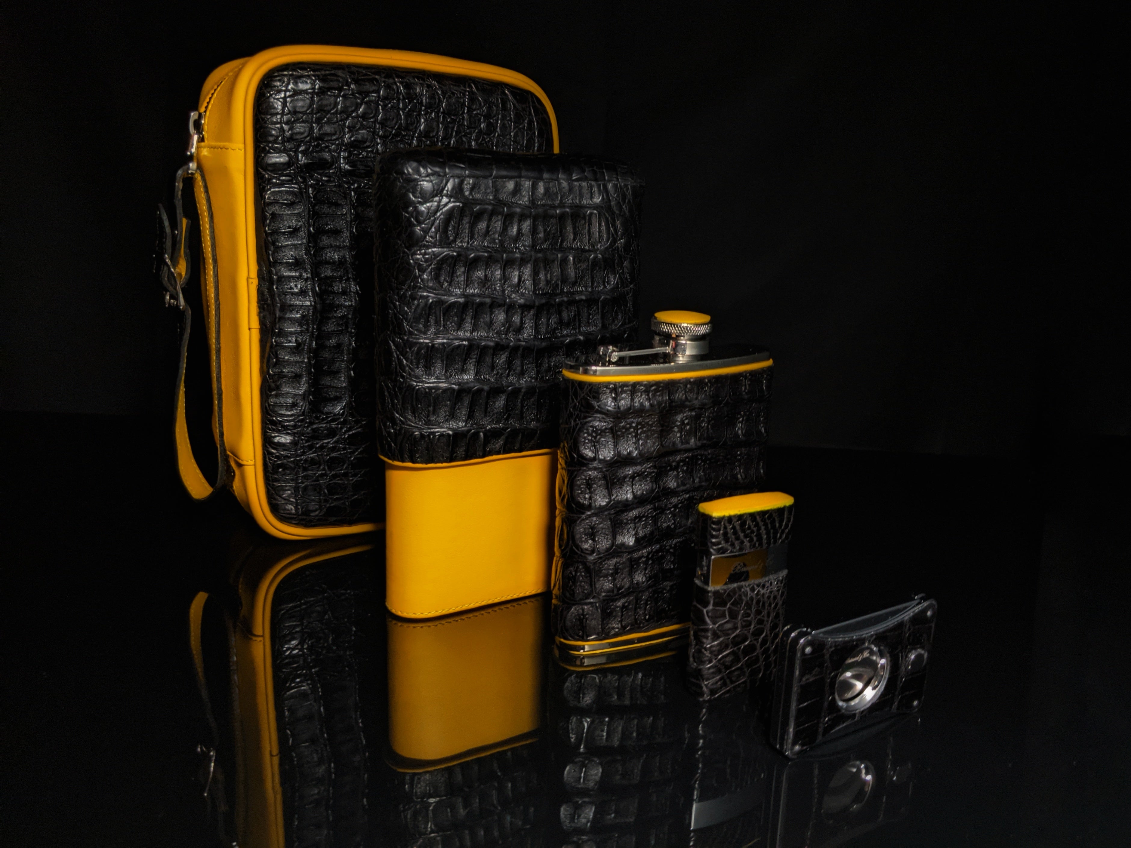 Brizard and Co Geniune Black Caiman Alligator and yellow leather with cutter and lighter