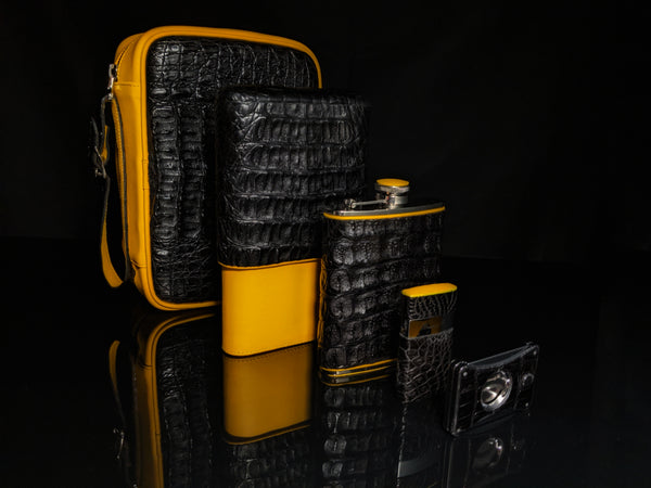 Brizard and Co Geniune Black Caiman Alligator and yellow leather with cutter and lighter
