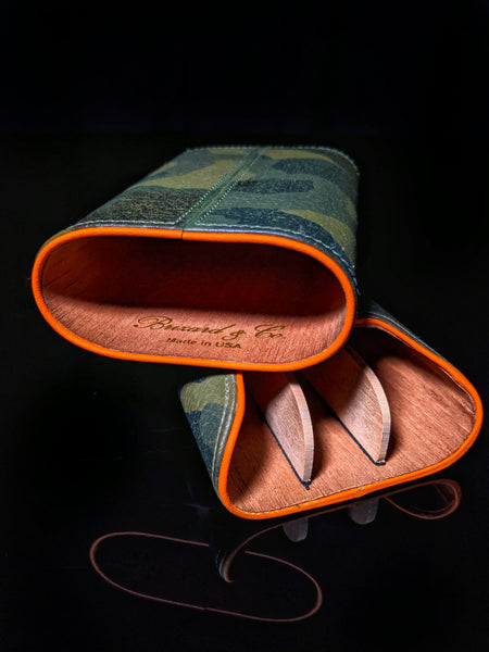 Brizard and Co Camouflage and Orange Leather Show Band 3 cigar case
