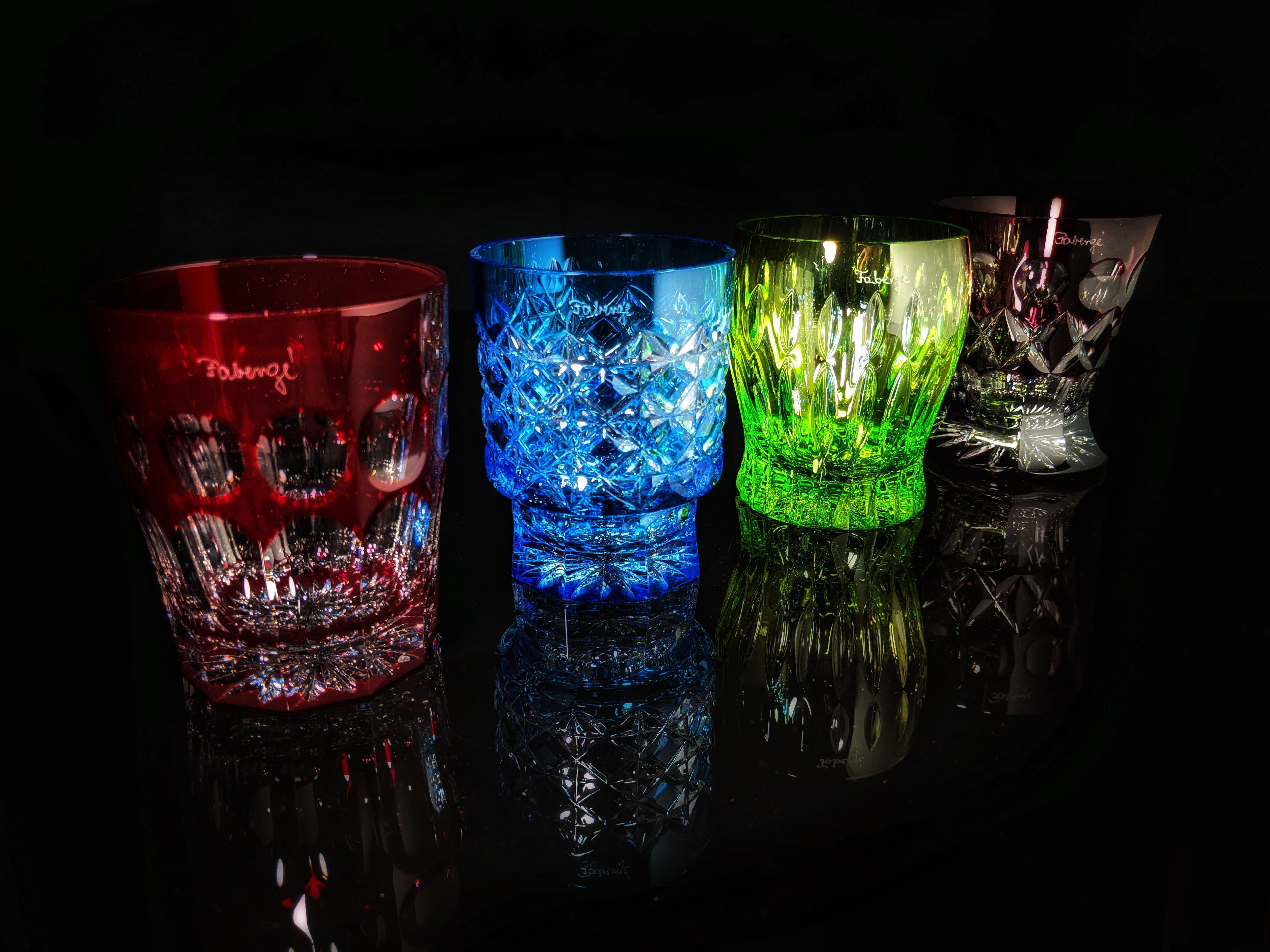Faberge Crystal Colored Glasses Set of 4 NIB