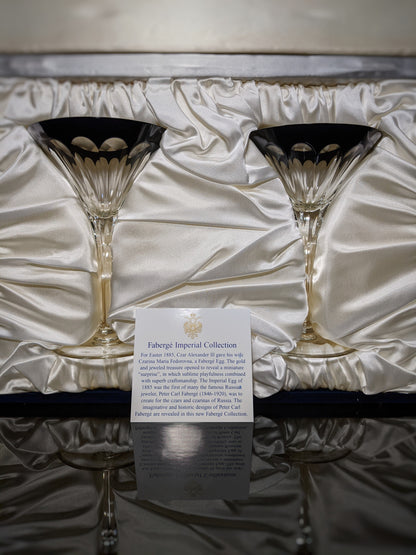 Faberge Martini Black Crystal Glasses set of 2 with the  original Faberge presentation case