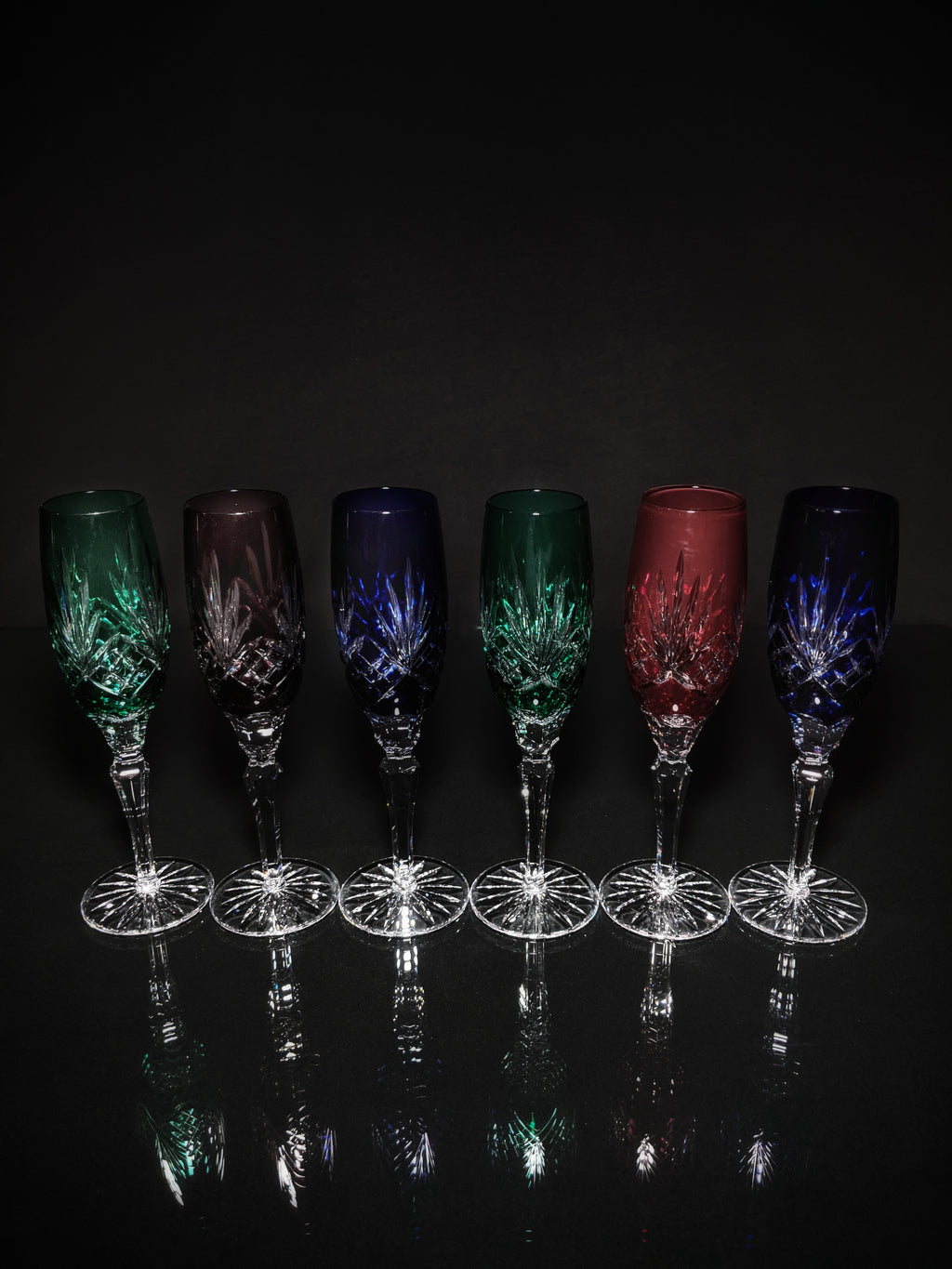 AJKA Colored Crystal Champagne Flutes — Set of 6